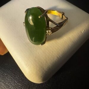 Rare vtg 14K Gold 19mm Jade & 2mm Diamond Adjustable Hinged Band Ring 4.25-9 -5g